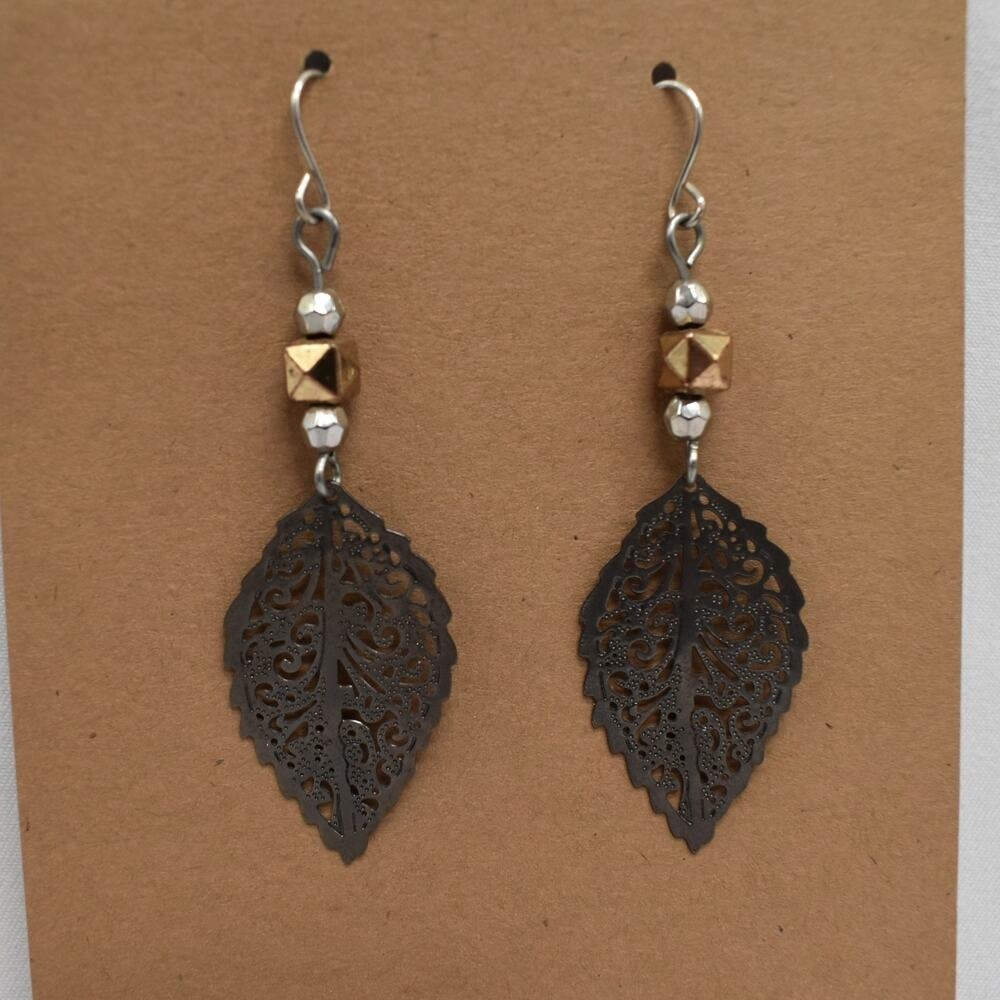 Boho Textured Filigree Leaf Dangly Earrings Earthy Cottage Whimsigoth Botanical